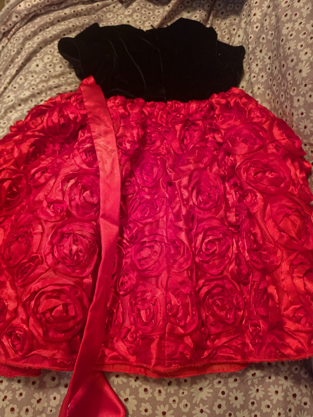 Red Rose-Textured Skirt for Girls - Shortsleeve Black Top Detail